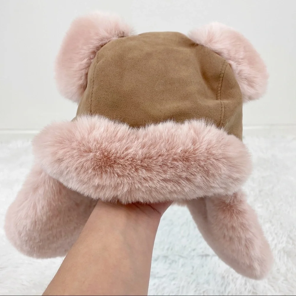 Crewcuts faux fur suede winter hat bear‎ ear pink hat